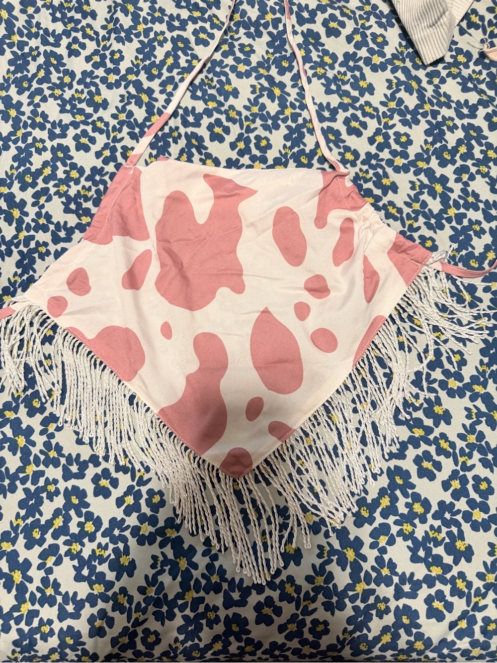 SHEIN Pink & White Cow Print Fringe Halter Top